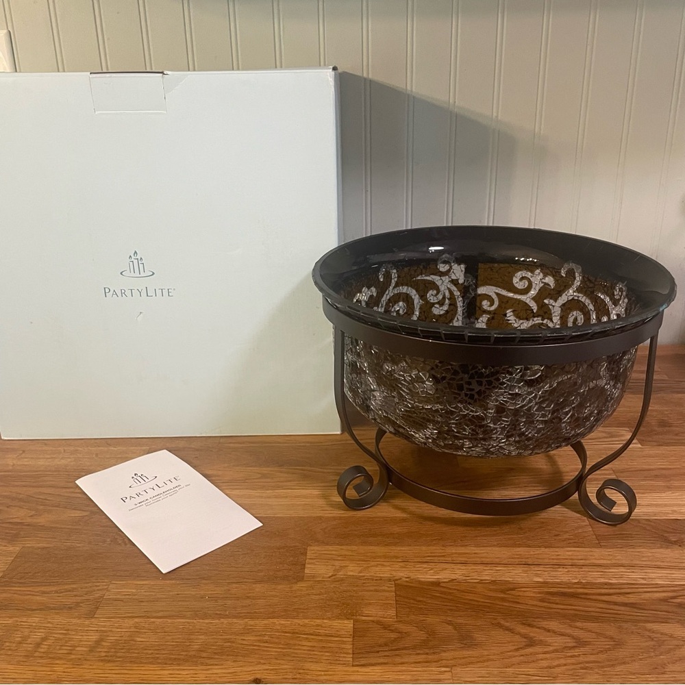 NEW PartyLite Amaretto Swirl 3-Wick Candle Holder Bowl & Iron Stand